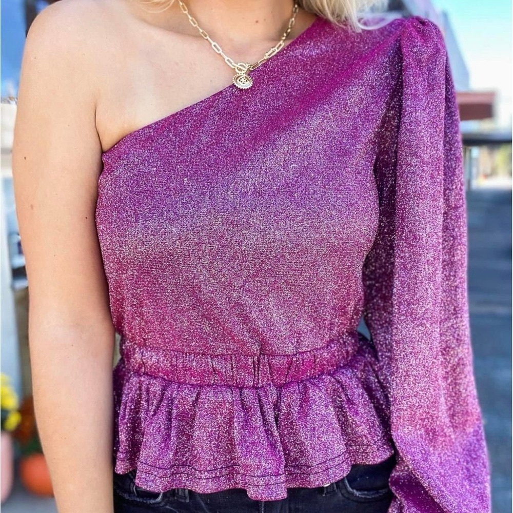 Glam Glittery Magenta Ruffle One shoulder top